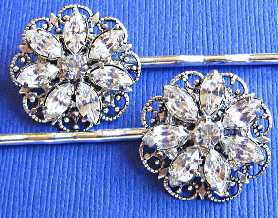 Wedding Hair Pins, Bridal Accessories, Flower Hair Pins, Set Of 2, Crystal Hair Piece, Crystal Flower Hair Clips