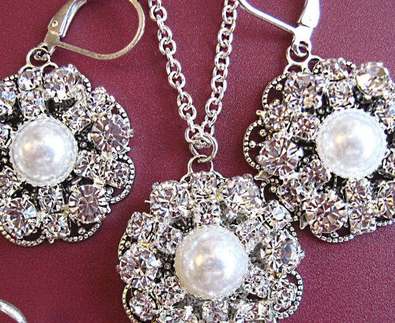 Wedding Jewelry, Matching Necklace, Earrings, Vintage Style,crystal, Pearl, Silver, Brides Maids Bridal Set